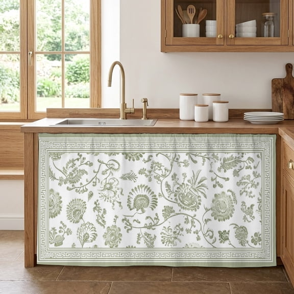 Sage Green Flowers Cabinet Curtains for Kitchen 28"W x 51"L, Floral Geometric Classic Traditional Border Under Sink Skirt Magic Tape Short Curtain Decorative Privacy Panel for Pantry Cabinet Opening