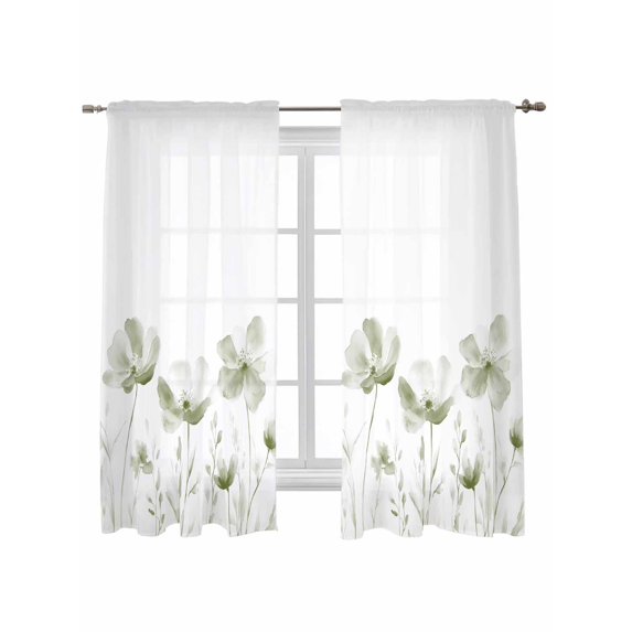 Sage Green Flowers Curtains 72 Inch Length,Sheer Curtains for Bedroom Living Room Window Watercolor Retro White Floral Leaves Rod Pocket Drapes Kitchen Curtains Small Half Window 52"x72" 2 Panels