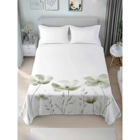 Sage Green Flowers King Size Flat Sheet, Wrinkleproof & Fadeproof Cooling Flat Bed Sheet Only, Watercolor Retro White Floral Leaves Breathable Soft Bedding Top Sheets 105 x 98 Inches
