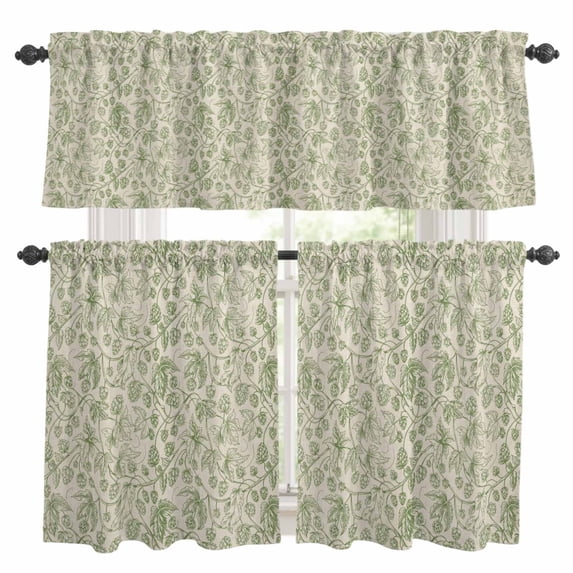 Sage Green Flowers Kitchen Curtains Sets for Windows 36 Inch Length, Rustic Pastoral Botanical Floral Leaf Rod Pocket Window Treatments Tier Curtains and Valances Set for Bedroom/Bathroom