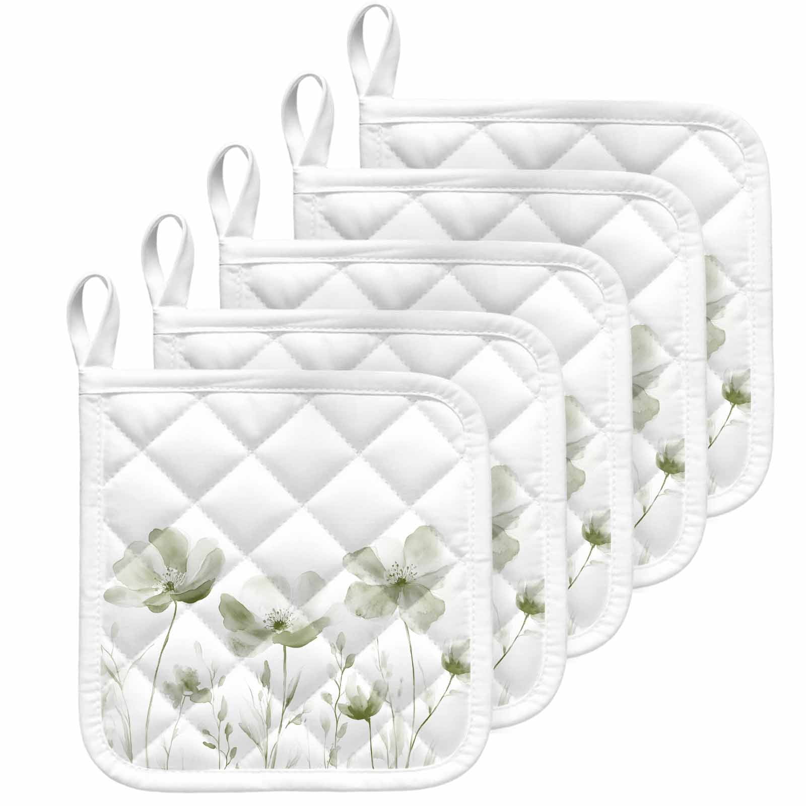 Sage Green Flowers Pot Holders for Kitchen Heatproof Potholder, 5 Pack Watercolor Retro White Floral Leaves Hot Pads Multipurpose Oven Pads Cloth Potholders Trivet for Cooking Baking