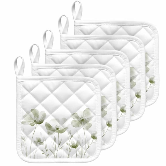 Sage Green Flowers Pot Holders for Kitchen Heatproof Potholder, 5 Pack Watercolor Retro White Floral Leaves Hot Pads Multipurpose Oven Pads Cloth Potholders Trivet for Cooking Baking
