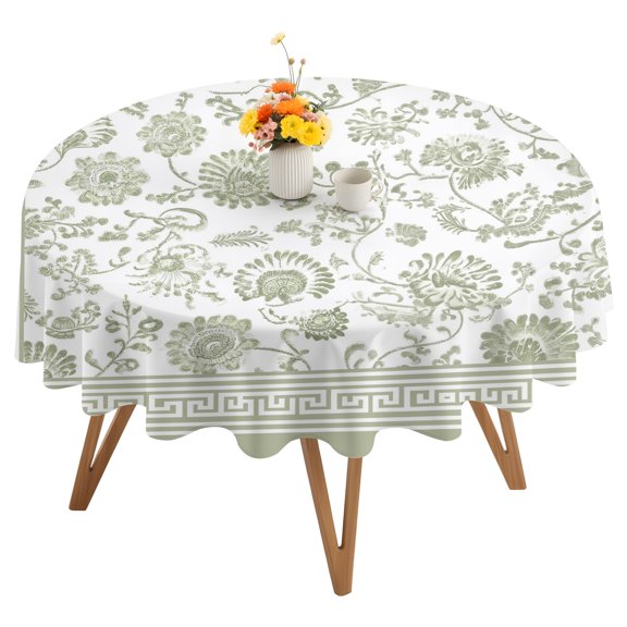 Sage Green Flowers Round Tablecloth 60 inches Floral Geometric Classic Traditional Border Waterproof Oil-Proof Table Cloth Round Table Cover for Holiday Party Picnic Dinner Decor Indoor Outdoor Use