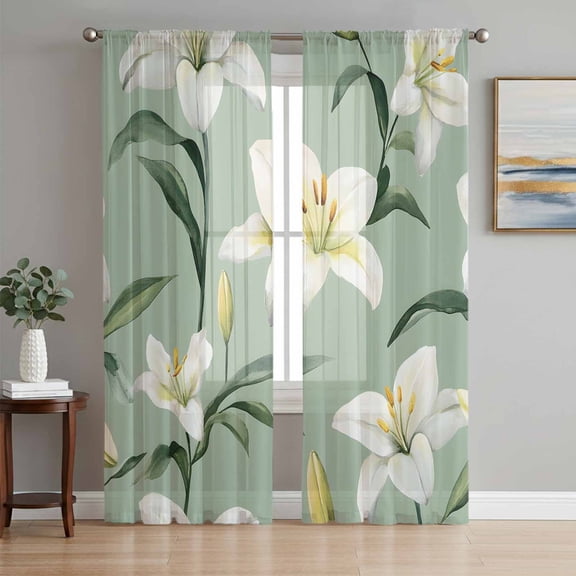 Sage Green Flowers Sheer Curtains 63 Inch Length 2 Panels Set, Spring Floral Botanical Voile Window Treatment Rod Pocket Curtains Sheers Drapes for Bedroom/Living Room/Kitchen 52x"63"x2