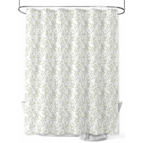 Sage Green Flowers Shower Curtain, Branches Plants Waterproof Shower Curtain Set with 12 Hooks Lightweight Washable Fabric Shower Curtains for Bathroom 48x72 Inches