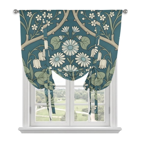 Sage Green Flowers Tie Up Curtains for Window, Thermal Insulated Balloon Shade Adjustable Rod Pocket Curtains Valance Panels for Kitchen Bathroom Cafe 52 x 63 Blue Botanical Spring Floral Modern Art