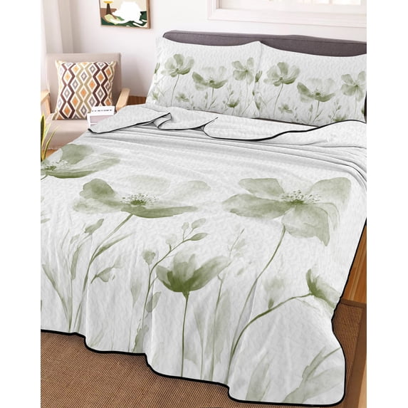 Sage Green Flowers Twin Size Down Alternative Comforter, Lightweight Comforter Quilt Bedding Set with Pillow Shams Watercolor Retro White Floral Leaves All Seasons Bed Comforter Duvet Insert 68"x86"