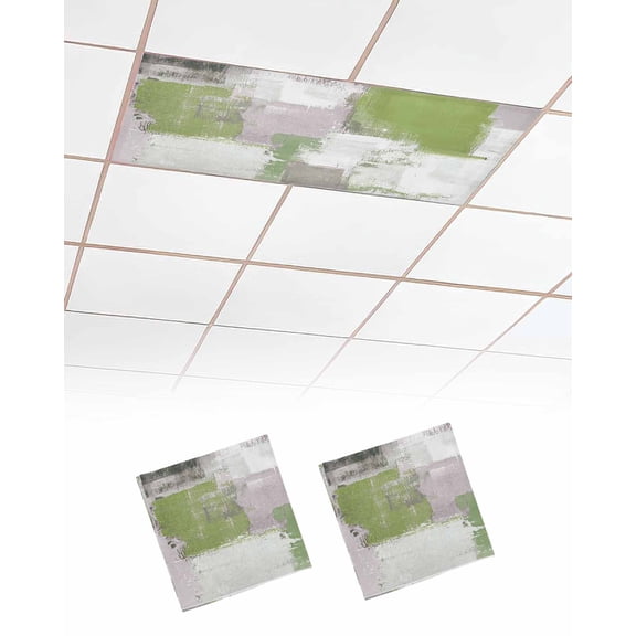 Sage Green Fluorescent Light Covers for Ceiling Lights 4x2 feet,2 Pack Magnetic Light Filters for Classroom,Modern Geometric Grey Oil Painting Abstract Fluorescent Light Shade Panel for Office