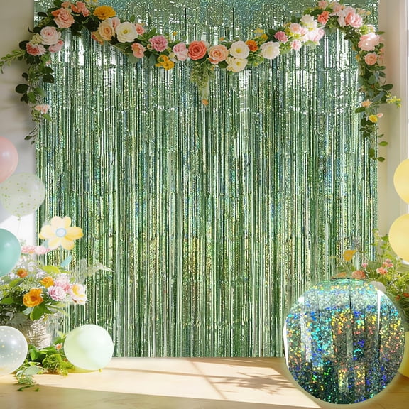 Sage Green Foil Fringe Curtains Backdrop (3 Packs), 3.3x8.2ft Extra Long Soft Tinsel Streamers Shimmering Photo Booth for Spring Party Easter Birthday Wedding Anniversary Bridal Shower
