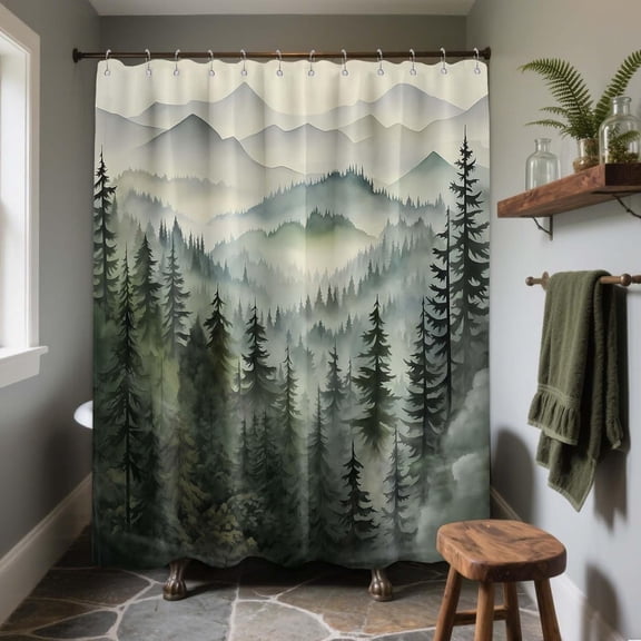 Sage Green Forest Shower Curtain, 72x72 in, Mountain Rustic Pine Tree | Nature Cabin Theme, Woodland Pattern Design, Outdoor Woodsy Lodge Bathroom Decor, Waterproof Polyester Fabric, with Hooks