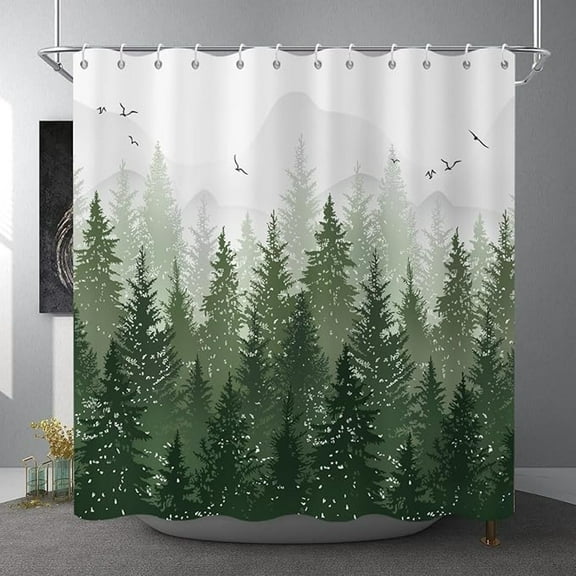 Sage Green Forest Shower Curtain, Pine Tree Foggy Forest Woodland Mountain Nature Bathroom Curtain Home Decor Waterproof Fabric Machine Washable With Hooks 60"W x 72"L