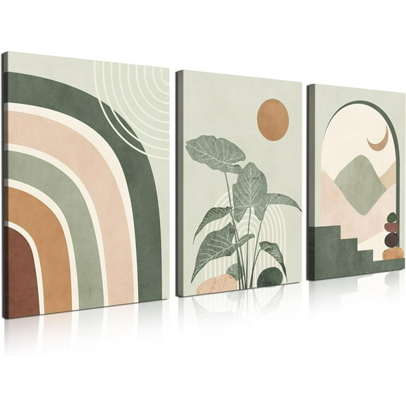 Sage Green Framed Boho Wall Art, Mid Century Modern Decor, Neutral Abstract Geometric Canvas Prints Botanical Boho Bathroom Wall Decor for Bedroom Living Room 12''''x16'''', Ready To Hang