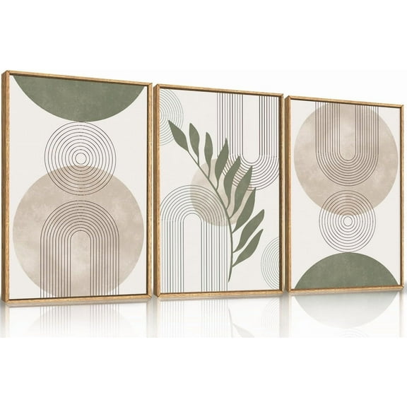 Sage Green Framed Canvas Prints Wall Art Set, Abstract Botanical Boho Wall Decor, Minimalist Geometric Line Leaf Canvas Artwork for Living Room, Bedroom, Dining Room, Office, Bathroom -