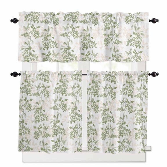 Sage Green Fruit Kitchen Curtains Valances and Tiers Set of 3, Vintage Botanical 24 Inch Length Tier Curtains and Valance Rod Pocket Valance Curtains Set for Kitchen Bathroom Small Windows
