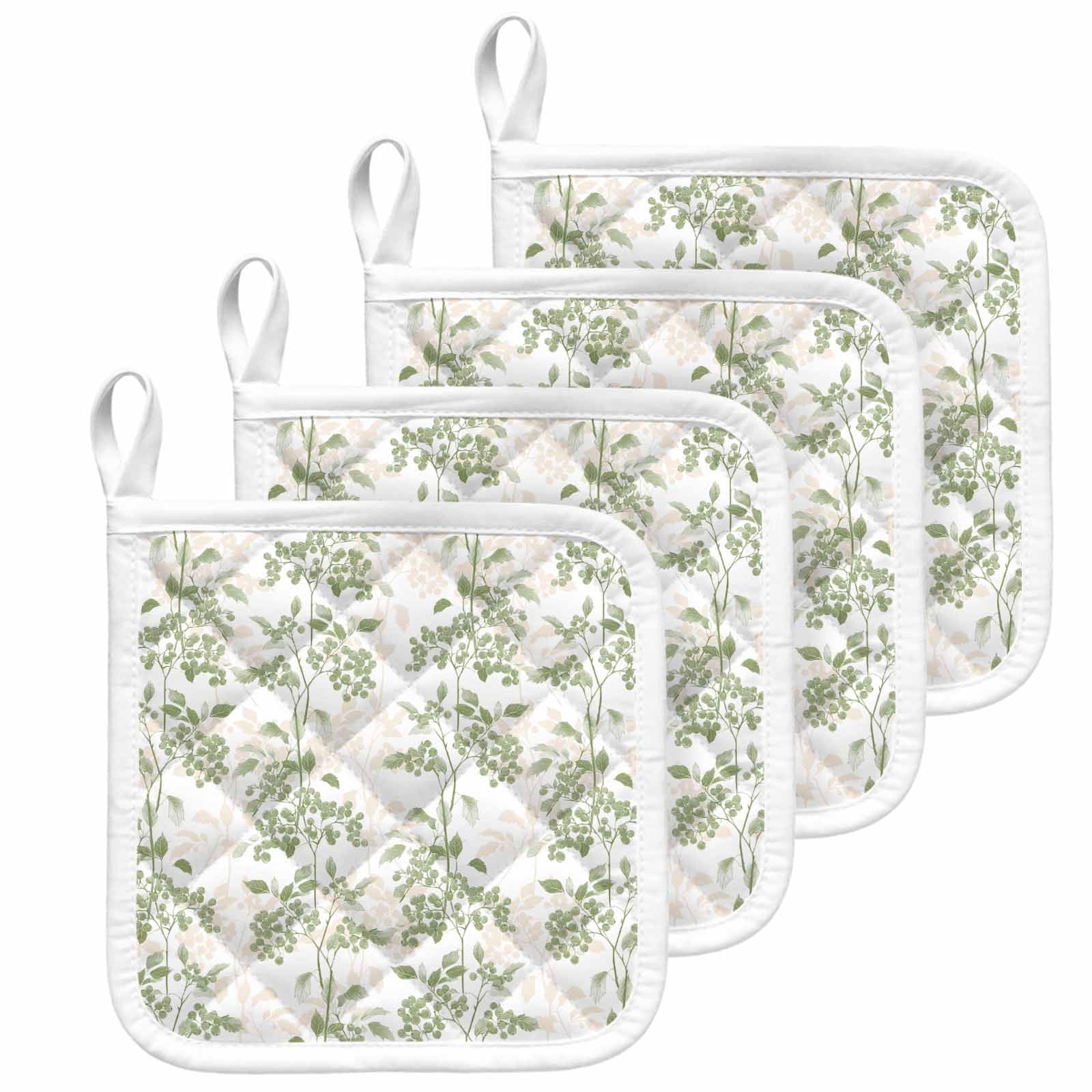 Sage Green Fruit Pot Holders for Kitchen Heatproof Potholder, 4 Pack Vintage Plant Nature Botanical Flower Hot Pads Multipurpose Oven Pads Cloth Potholders Trivet for Cooking and Baking