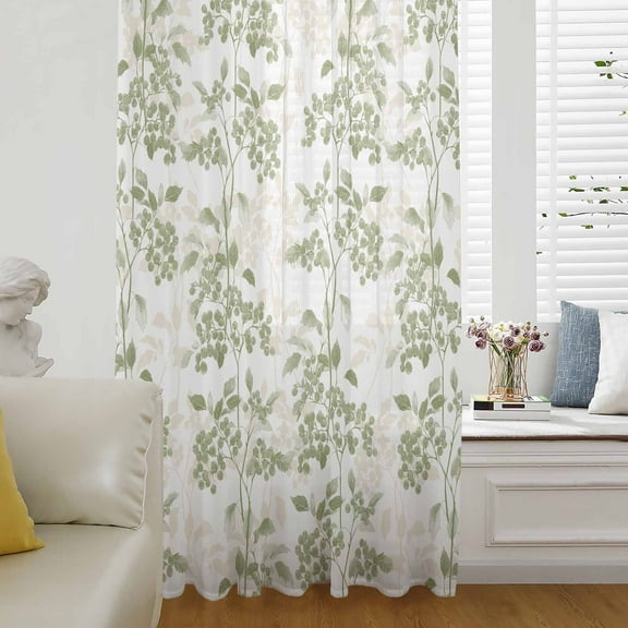 Sage Green Fruit Semi Sheer Curtains Drapes for Living Room, Bedroom, French Doors Window 45 Inches Long, Vintage Plant Nature Botanical Flower Rod Pocket Chiffon Curtain Drapery Voile Drape Panel