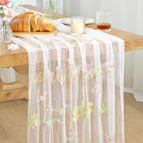 Sage Green Gauze Table Runner with Embroidery Wildflower 120in 10FT Seasonal Tulle Sheer Table Runners Mesh Lace Fabric Runner for Baby Shower Wedding Party Dining Table Decor DIY Craft