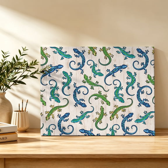 Sage Green Geckos Canvas Wall Art, Blue Lizards Reptiles Wood Grain Tropical Wall Art Prints Artwork Framed Canvas Ready to Hang Art Pictures for Bathroom, Dressing Table, Entryway 12" x 8"