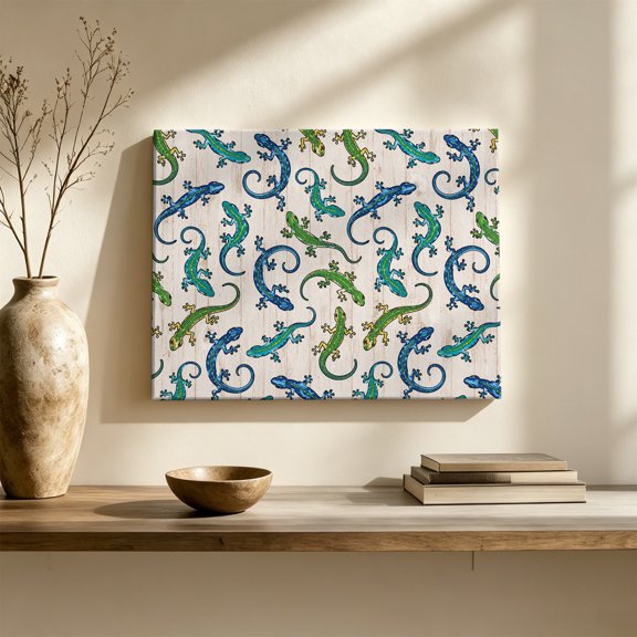 Sage Green Geckos Canvas Wall Art, Blue Lizards Reptiles Wood Grain Tropical Wall Art Prints Artwork Framed Canvas Ready to Hang Art Pictures for Living Dining Room Bedroom Hallway 30" x 20"