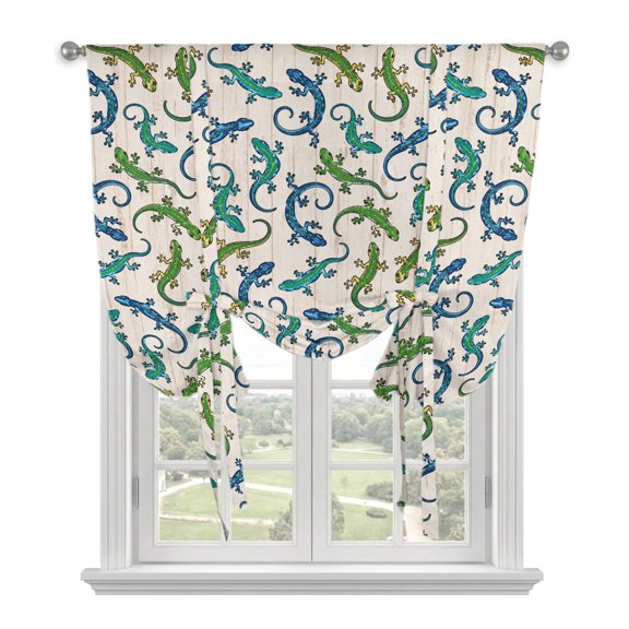 Sage Green Geckos Tie Up Balloon Window Curtain 52W x 63L Inch, Blue Lizards Reptiles Wood Grain Tropical Rod Pocket Adjustable Tie Up Curtains Small Kitchen Sink Curtains for Cafe Bedroom