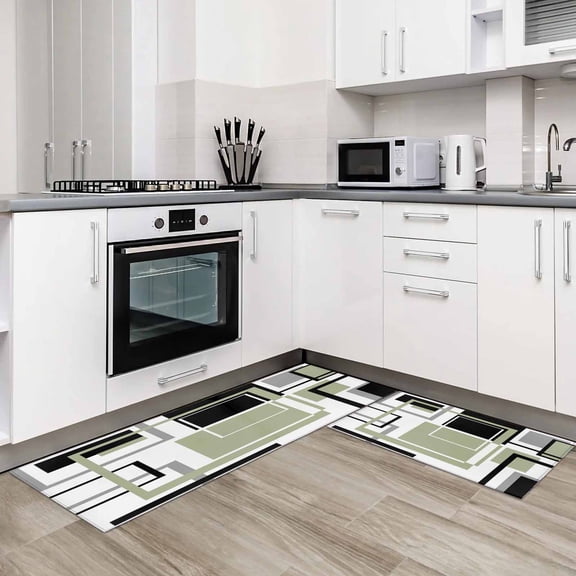 Sage Green Geometric 2 Pieces Non-Slip Kitchen Mat Set Black Gray Abstract Striped Art Soft Door Mat with Rubber Backing,Dirtproof Rugs for Entrance Doorway 23.6x35.4in+23.6x70.9in