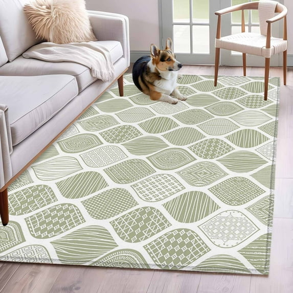 Sage Green Geometric Area Rugs 4'x6', Washable Small Throw Rugs for Office Bathroom, Moroccan Chic Abstract Plaid Art Indoor Outdoor Rug Non-Slip Low Pile Carpet Runner Reversible Floor Mats