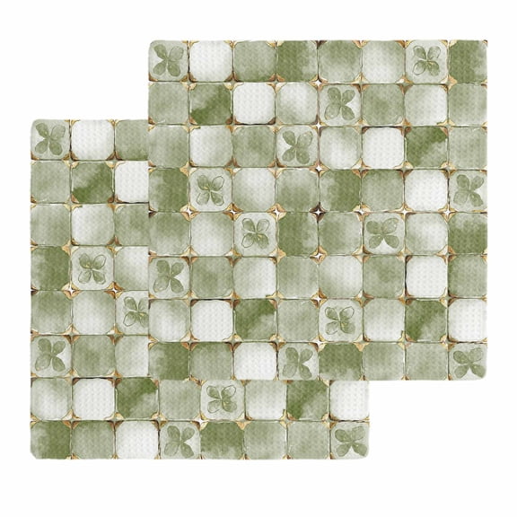 Sage Green Geometric Dish Towels Set, Waffle Weave Kitchen Towels 2 Pieces, Modern Abstract Art Botanical Microfiber Hair Face Bath Tea Towel Absorbent Quick Drying Cleaning Dish Cloths, 12"x12"