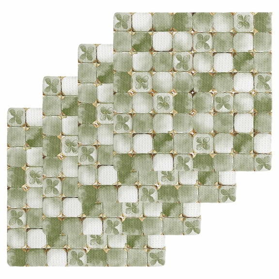 Sage Green Geometric Dish Towels Set, Waffle Weave Kitchen Towels 4 Pieces, Modern Abstract Art Botanical Microfiber Hair Face Bath Tea Towel Absorbent Quick Drying Cleaning Dish Cloths, 12"x12"