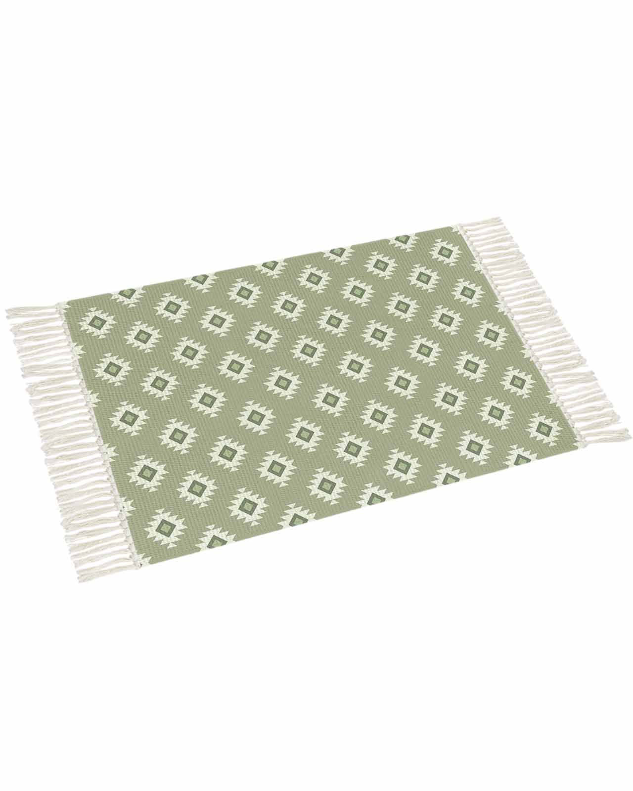 Sage Green Geometric Entryway Rug 3'x5', Washable Woven Cotton Area Rug
