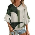 thumbnail image 1 of Sage Green Geometric Green Modern Abstract Women's V-Neck Blouse With 3/4 Ruffled Bell Sleeves Casual Top Ladies Blouses, 1 of 7