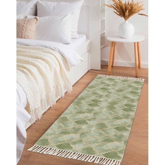 Sage Green Geometric Hallway Runner Rug 2x6ft,Modern Morocco Abstract Art Washable Woven Living Room Bedroom Kitchen Bathrom Carpet with Tassels,Indoor Outdoor Throw Door Mat for Entryway