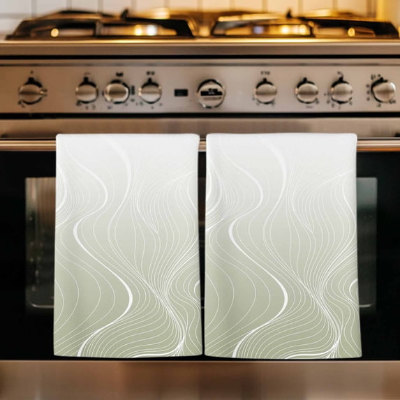 Sage Green Geometric Kitchen Towels Set of 1, Modern White Stripe Distortion Art Absorbent Dish Towels for Kitchen, Microfiber Hand Towel, Quick Drying Tea Towel for Cleaning Decorative Dishcloths