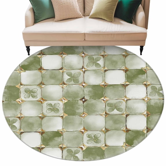 Sage Green Geometric Large Area Rugs for Bedroom Living Room, Soft Non Slip Carpet Bedside Rug, Modern Abstract Art Botanical Round Floor Cover Kitchen Accent Rug 5' for Dining Room/Office