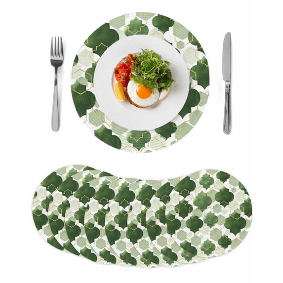 Sage Green Geometric Moroccan Round 13 Inch Placemats Set of 8, Abstract Art Ombre Modern HeatResistant Non Slip Place Mats for Dining Table, Wipeable Braided Kitchen Table Mats for Housewarming