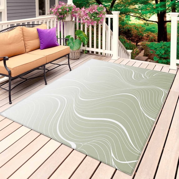 Sage Green Geometric Outdoor Rug for Patio/Deck/Porch, Non-Slip Large Area Rug 3 x 5 Ft, Modern White Stripe Distortion Art Indoor Outdoor Rugs Washable Area Rugs, Camping Rug Carpet Runner