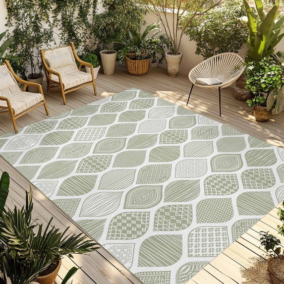 Sage Green Geometric Outdoor Rug for Patio/Deck/Porch, Non-Slip Large Area Rug 4 x 6 Ft, Moroccan Chic Abstract Plaid Art Indoor Outdoor Rugs Washable Area Rugs, Reversible Camping Rug Carpet Runner