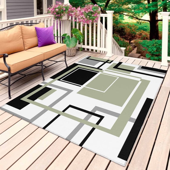 Sage Green Geometric Outdoor Rug for Patio/Deck/Porch, Non-Slip Large Area Rug 5 x 7 Ft, Black Gray Abstract Striped Art Indoor Outdoor Rugs Washable Area Rugs, Reversible Camping Rug Carpet Runner