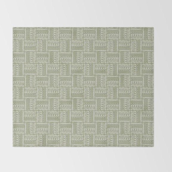 Sage Green Geometric Patchwork Fleece Blanket, 280 GSM Polyester, Off-White Tribal-Inspired Linework