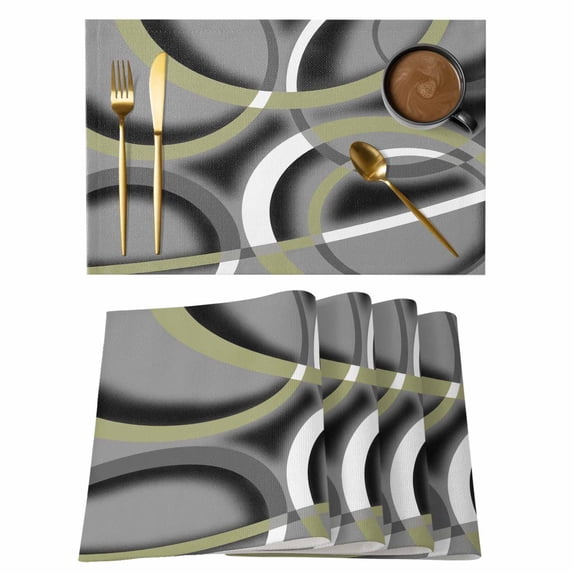 Sage Green Geometric Placemats Set of 6, Grey Retro Abstract Striped Art Placemats for Dining Table, Place Mats for Kitchen Tabletop, Waterproof Wipeable Dining Table Mats Set