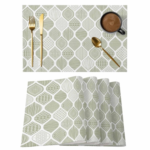 Sage Green Geometric Placemats Set of 6, Moroccan Chic Abstract Plaid Art Placemats for Dining Table, Place Mats for Kitchen Tabletop, Waterproof Wipeable Dining Table Mats Set