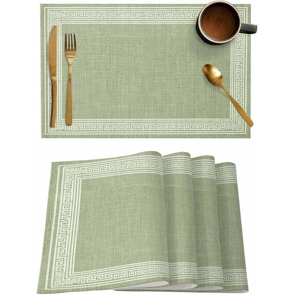 Sage Green Geometric Placemats Set of 6, White Greek Key Design Placemats for Dining Table, Burlap Place Mats for Kitchen Tabletop, Modern Art Waterproof Wipeable Dining Table Mats Set