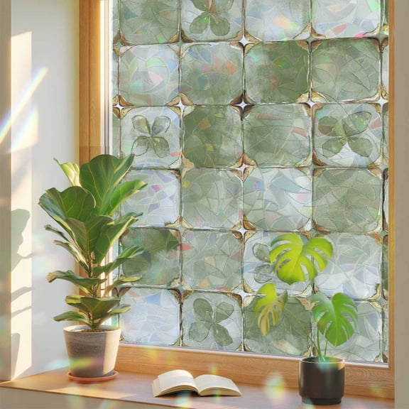 Sage Green Geometric Privacy Window Film, Decorative Stained Glass Window Film, Modern Abstract Art Botanical Resuable Rainbow Static Cling for Home Bathroom Living Room Glass Door 29.5"x78.7"