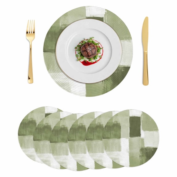 Sage Green Geometric Round 15 Inch Placemats Set of 6, Watercolor Ombre Modern Abstract Art HeatResistant Non Slip Place Mats for Dining Table, Wipeable Braided Kitchen Table Mats for Housewarming