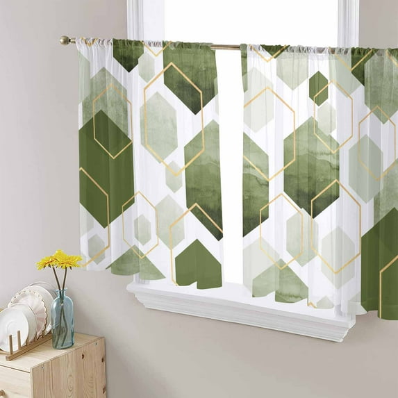Sage Green Geometric Sheer Curtains 54 Inches Length 2 Panels Set, Window Sheer Curtains for Living Room/Bedroom, Gold White Hexagon Modern Light Filtering Rod Pocket Curtain 52'' x 54'' x 2