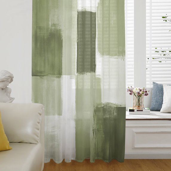 Sage Green Geometric Sheer Curtains 63 Inch Length, Light Filtering Voile Curtain Panel, Watercolor Ombre Modern Abstract Art Rod Pocket Drapes Window Treatments for Living Room Bedroom 52"x63"