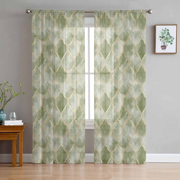 Sage Green Geometric Sheer Curtains 84 Inches Long 2 Panels Set, Window Sheer Curtains for Living Room/Bedroom, Modern Morocco Abstract Art Light Filtering Rod Pocket Curtain 52'' x 84'' x 2