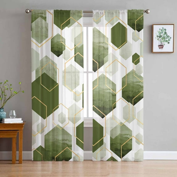 Sage Green Geometric Sheer Curtains 96 Inches Long 2 Panels Set, Window Sheer Curtains for Living Room/Bedroom, Gold White Hexagon Modern Light Filtering Rod Pocket Curtain 52'' x 96'' x 2
