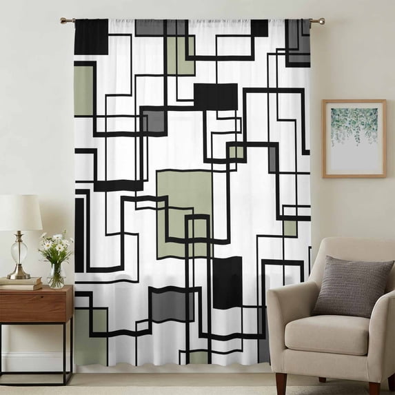 Sage Green Geometric Sheer Curtains 96 Inches Long, Black Grey Abstract Striped Modern Art Light Filering Curtains, Privacy Drapes Simi Floor to Veiling Curtain for Living Room Large Window Treatment