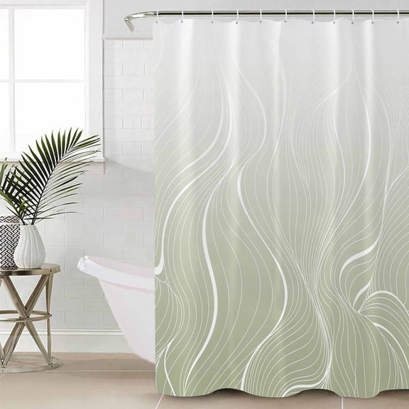 Sage Green Geometric Shower Curtain Set, Waterproof Shower Curtains for Bathroom, Modern White Stripe Distortion Art Washable Fabric Cloth Bath Curtain for Bathtub Decoration with Hooks 66x72 Inches