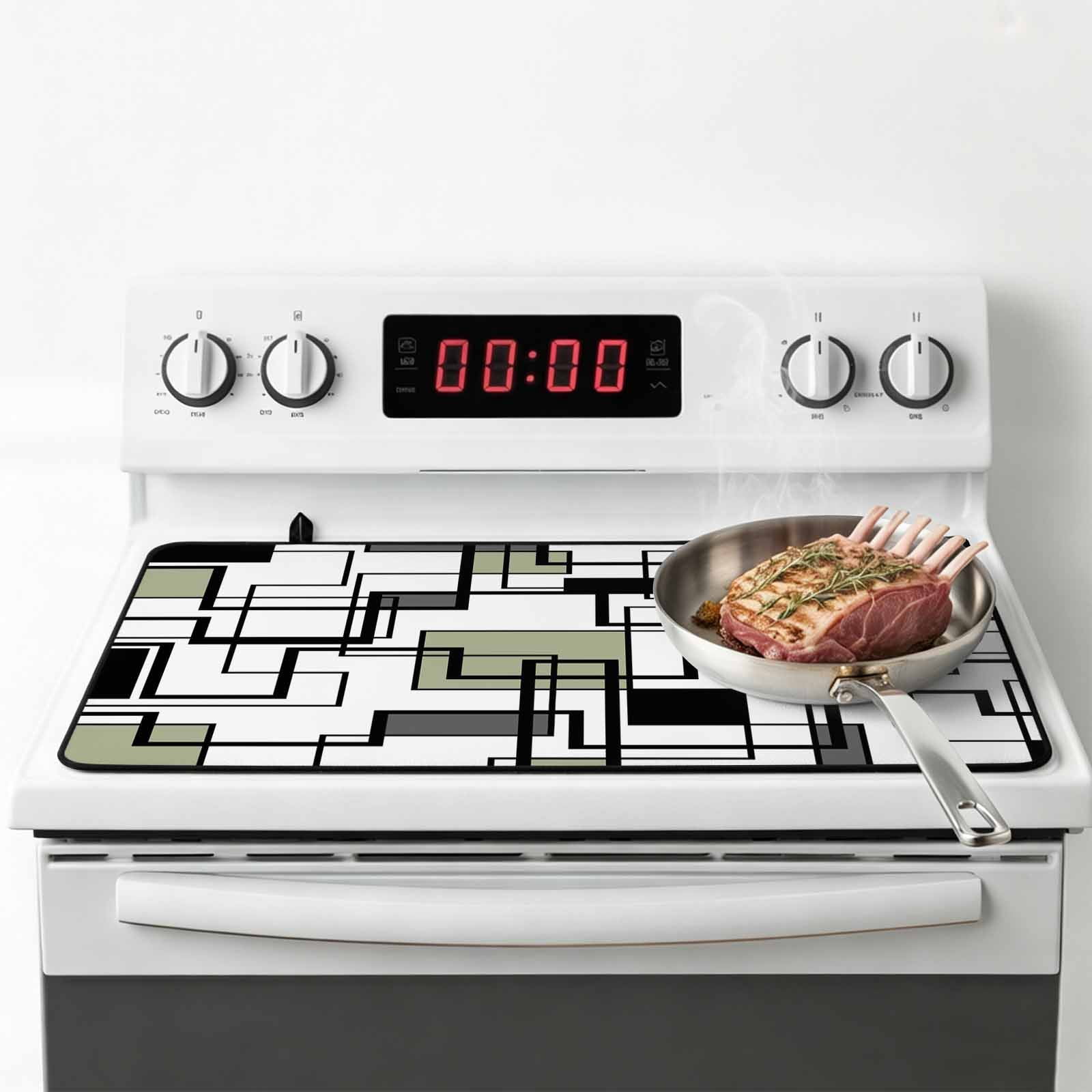 Sage Green Geometric Stove Top Cover for Electric Stove, Heat-proof & Non Slip Glass Top Stove Cover Protector, Simple Black Gray Abstract Striped Kitchen Flat Cooktop Rubber Mat 24x21 Inches